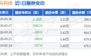 石頭科技3月30日融資動態(tài)：融資凈買入超300萬，融資融券總余額達(dá)8.83億
